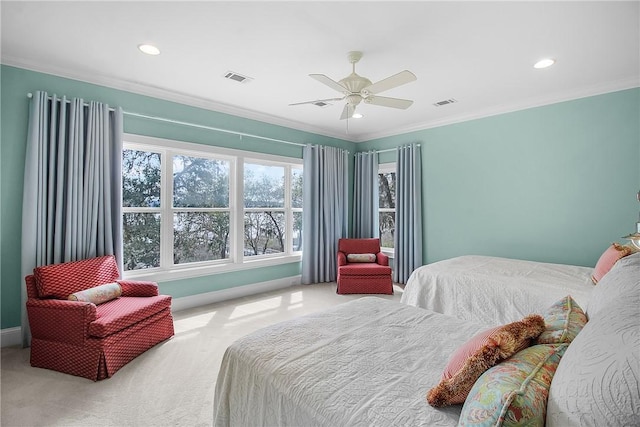 carpeted bedroom featuring visible vents, recessed lighting, ceiling fan, and ornamental molding