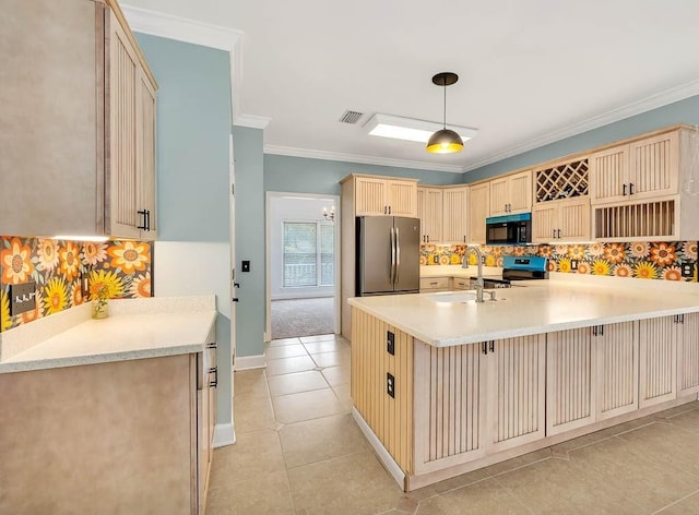 kitchen with stainless steel fridge, crown molding, sink, hanging light fixtures, and light tile patterned flooring