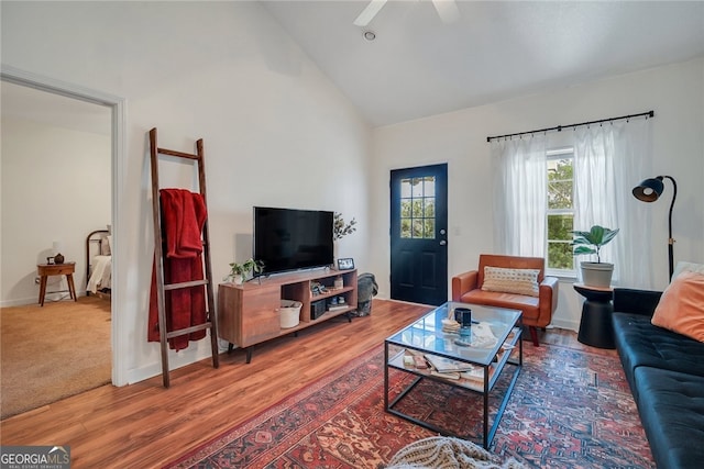348 Moss Creek Ln, Brunswick, GA 31522 - living room with a ceiling fan, wood finished floors, and high vaulted ceiling