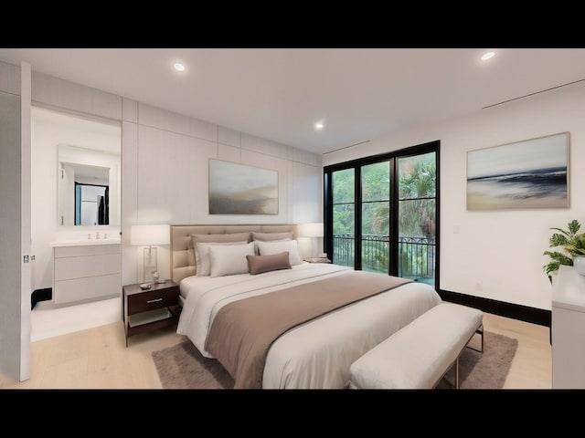 bedroom featuring access to outside and light hardwood / wood-style floors