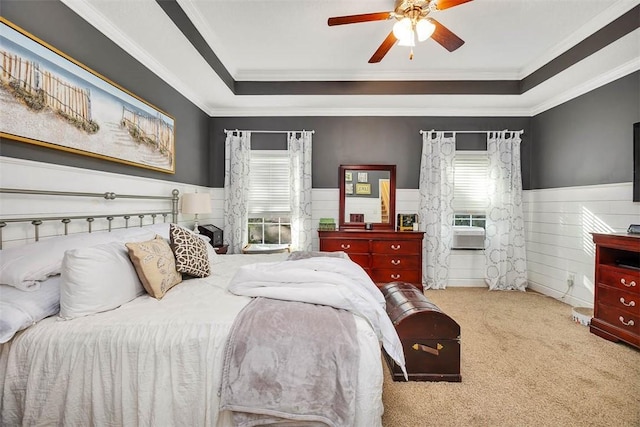 bedroom with a raised ceiling, carpet flooring, and wainscoting