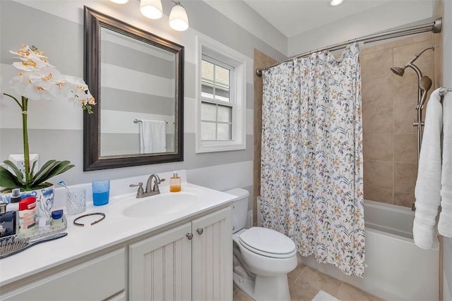 bathroom with toilet, shower / bath combo, vanity, and tile patterned flooring