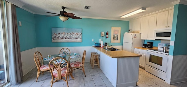 kitchen with sink, white cabinets, white appliances, and kitchen peninsula