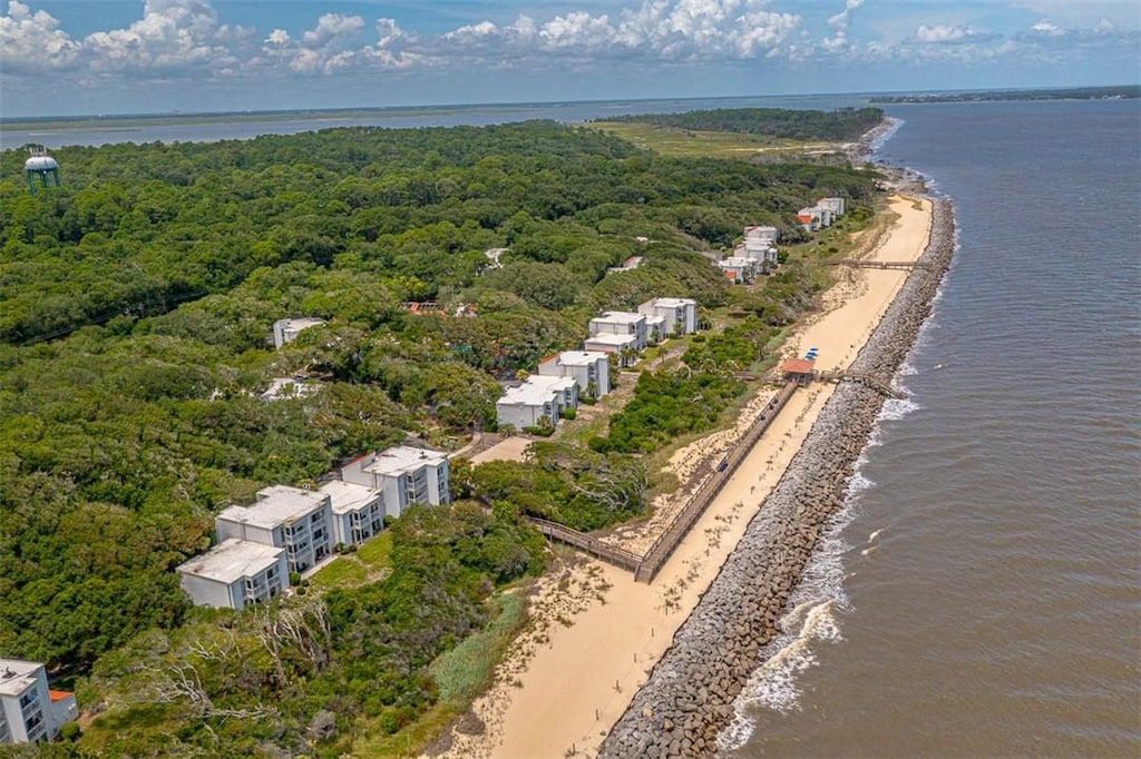 aerial view featuring a view of the beach and a water view