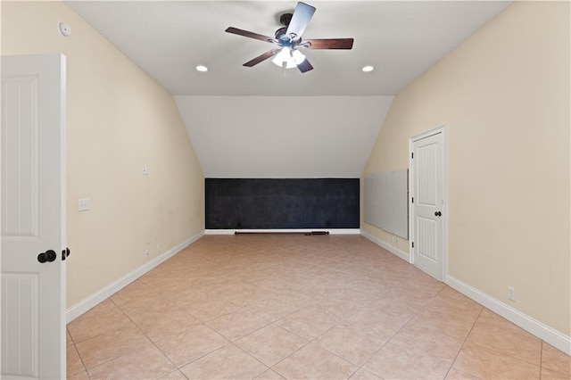 114 Wedge Wood Ct, Brunswick, GA 31525 - additional living space with a ceiling fan, vaulted ceiling, light tile patterned floors, recessed lighting, and baseboards