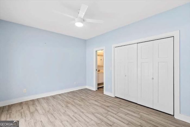 unfurnished bedroom featuring a closet, ceiling fan, and light hardwood / wood-style floors