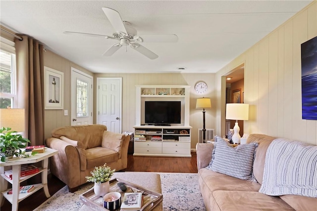 314 King David Rd, Jesup, GA 31545 - living area featuring wood finished floors, a ceiling fan, and wood walls
