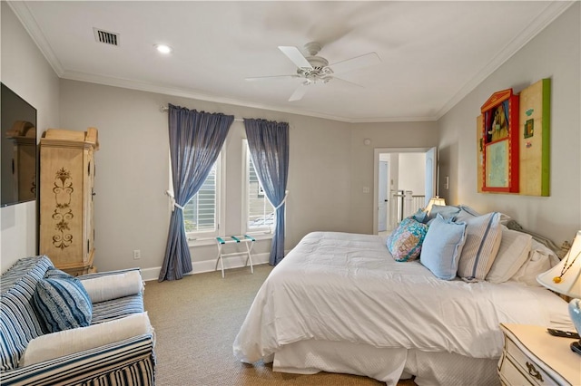 bedroom with ceiling fan, light colored carpet, and ornamental molding