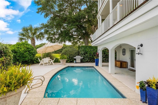 view of pool with a patio area and a grill