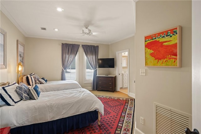 bedroom with connected bathroom, ceiling fan, and ornamental molding