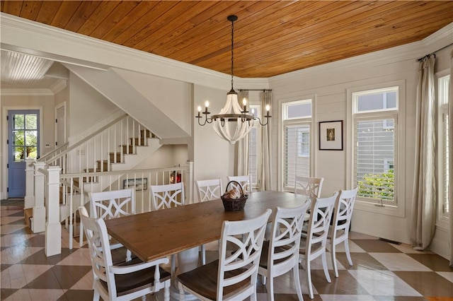 dining space with a chandelier, wooden ceiling, and a healthy amount of sunlight