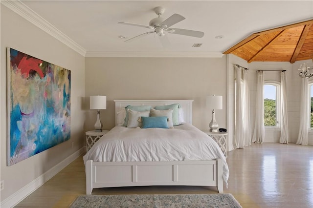 bedroom featuring hardwood / wood-style floors, crown molding, ceiling fan, and wooden ceiling