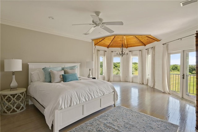 bedroom with ceiling fan with notable chandelier, access to outside, multiple windows, and crown molding