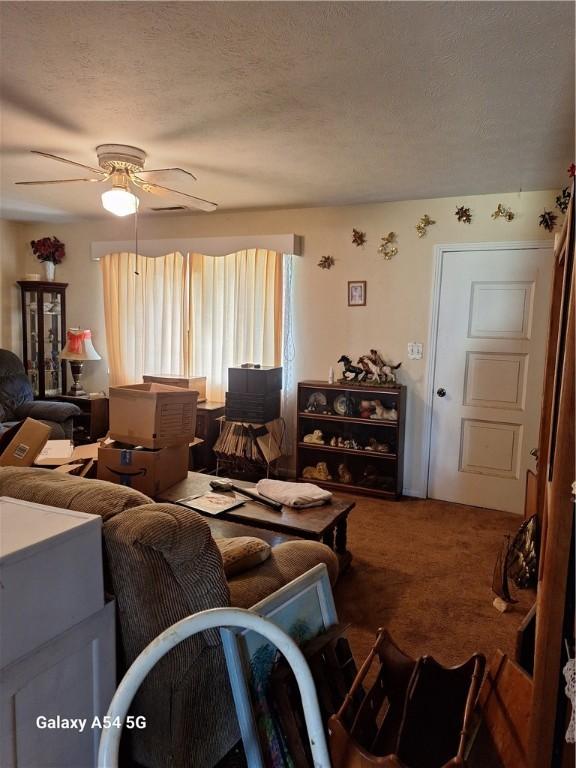 living area with ceiling fan, carpet floors, and a textured ceiling