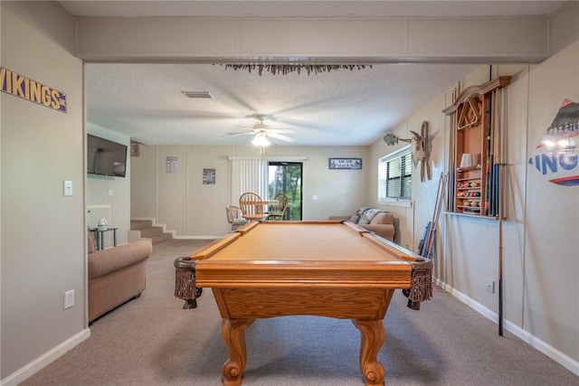 4068 3r Fish Camp Rd, White Oak, GA 31568 - playroom with carpet floors, billiards table, ceiling fan, baseboards, and a textured ceiling