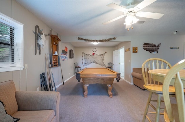 4068 3r Fish Camp Rd, White Oak, GA 31568 - playroom with billiards table, carpet flooring, a ceiling fan, and baseboards