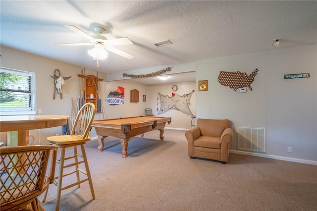 4068 3r Fish Camp Rd, White Oak, GA 31568 - rec room featuring billiards, carpet flooring, ceiling fan, and a textured ceiling