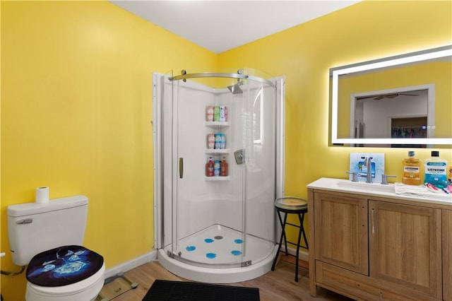 bathroom with vanity, toilet, wood-type flooring, and a shower with door