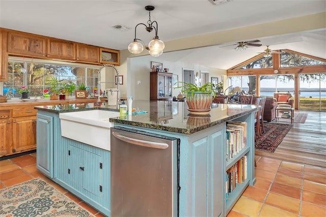 159 Crooked River Dr, Woodbine, GA 31569 - kitchen with dishwasher, a ceiling fan, a center island, hanging light fixtures, and vaulted ceiling