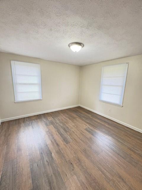 unfurnished room with baseboards, a wealth of natural light, a textured ceiling, and dark wood-type flooring