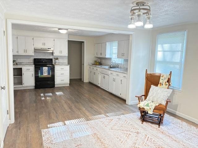 kitchen featuring light countertops, a sink, under cabinet range hood, and black range with electric stovetop