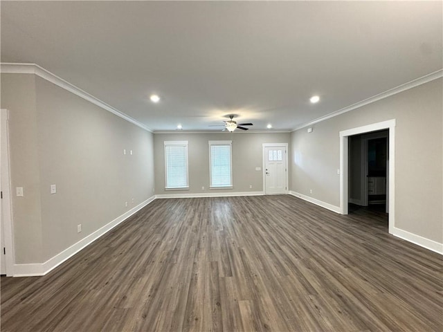 193 W Melody Dr, Jesup, GA 31545 - unfurnished living room featuring a ceiling fan, dark wood-style floors, healthy amount of natural light, ornamental molding, and recessed lighting