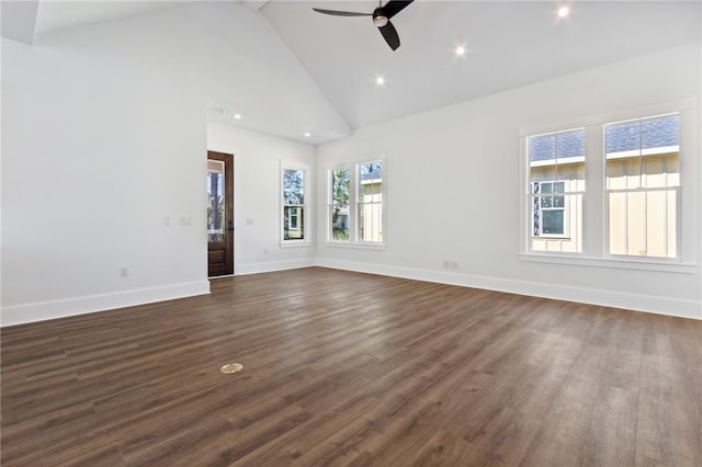 unfurnished room with dark hardwood / wood-style floors, ceiling fan, and high vaulted ceiling