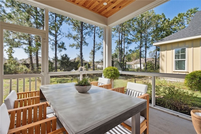 sunroom / solarium with a healthy amount of sunlight and wood ceiling