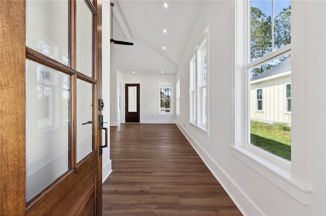 interior space featuring dark hardwood / wood-style floors and high vaulted ceiling