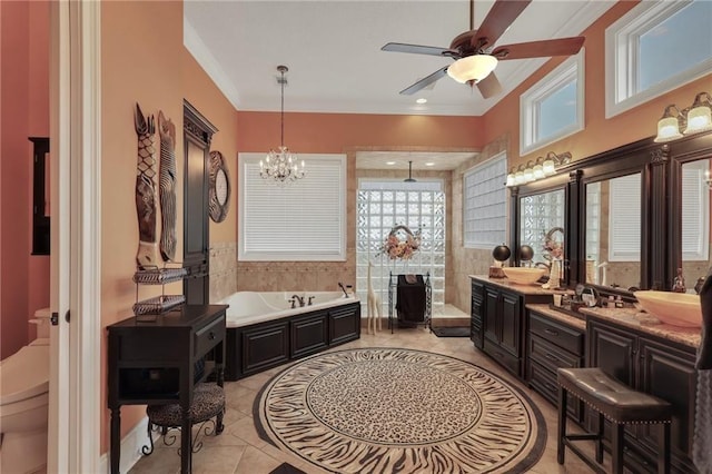 655 Littlefield St, Jesup, GA 31546 - full bath featuring a garden tub, ceiling fan, vanity, a chandelier, and a tile shower