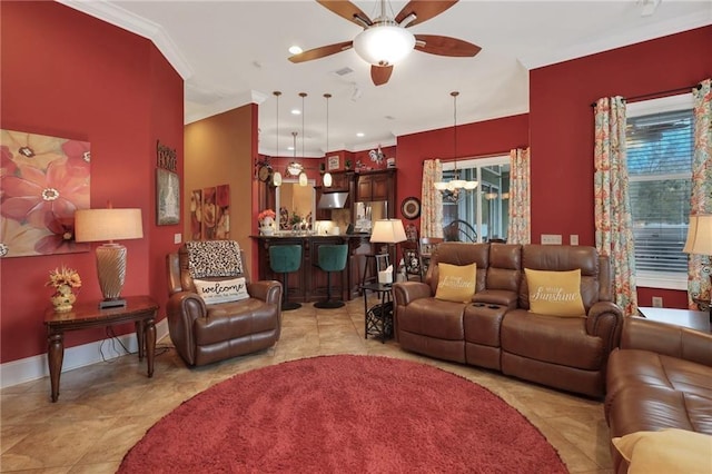 655 Littlefield St, Jesup, GA 31546 - tiled living room with ceiling fan, a chandelier, and crown molding