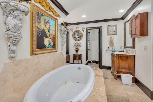 265 Harbor Pointe Dr, Brunswick, GA 31523 - bathroom with a jetted tub, vanity, crown molding, and recessed lighting