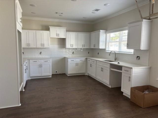 kitchen with crown molding, a sink, dark wood finished floors, and white cabinets