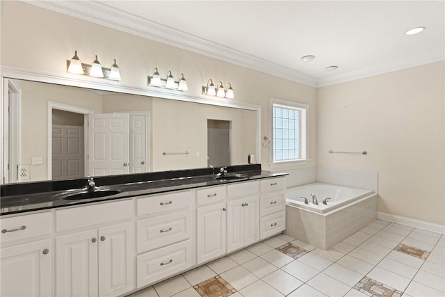 127 Clipper Bay Rd, Brunswick, GA 31523 - full bath featuring double vanity, a garden tub, crown molding, tile patterned flooring, and baseboards