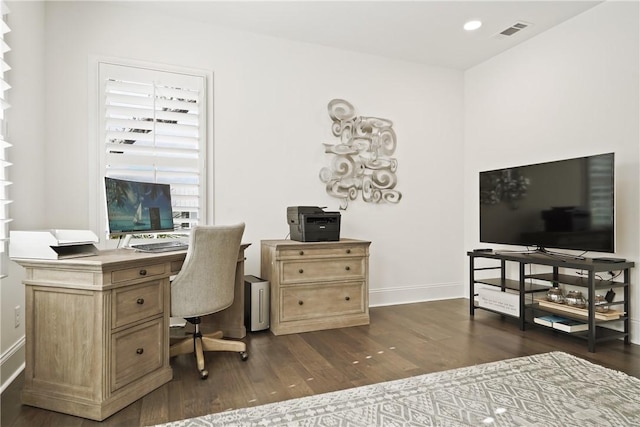 office area with dark hardwood / wood-style flooring