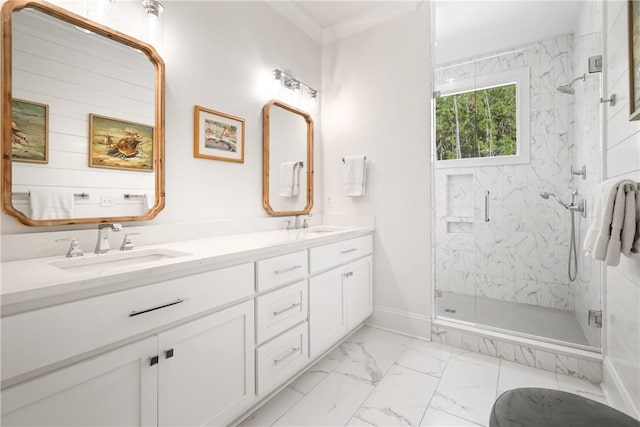 bathroom featuring vanity and a shower with shower door