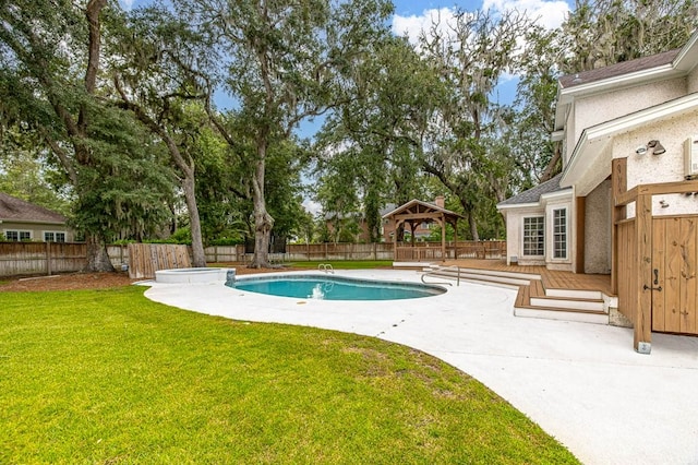 view of pool with a gazebo, a diving board, and a yard