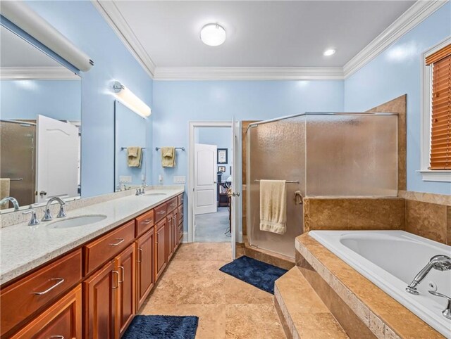 bathroom featuring a bath, a stall shower, vanity, and tile patterned floors