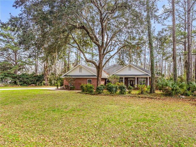 single story home with concrete driveway, brick siding, a chimney, and an attached garage