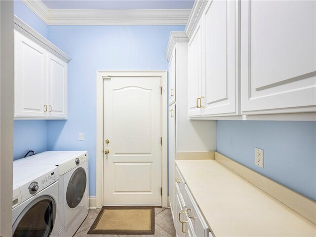 bedroom featuring light tile patterned floors, light colored carpet, crown molding, and ensuite bathroom