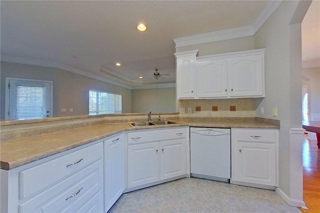 6121 Stoney Brook Dr, Blackshear, GA 31516 - kitchen featuring ceiling fan, dishwasher, ornamental molding, white cabinetry, and a sink
