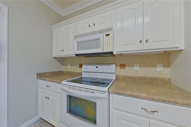 6121 Stoney Brook Dr, Blackshear, GA 31516 - kitchen featuring ornamental molding, white appliances, white cabinets, decorative backsplash, and baseboards