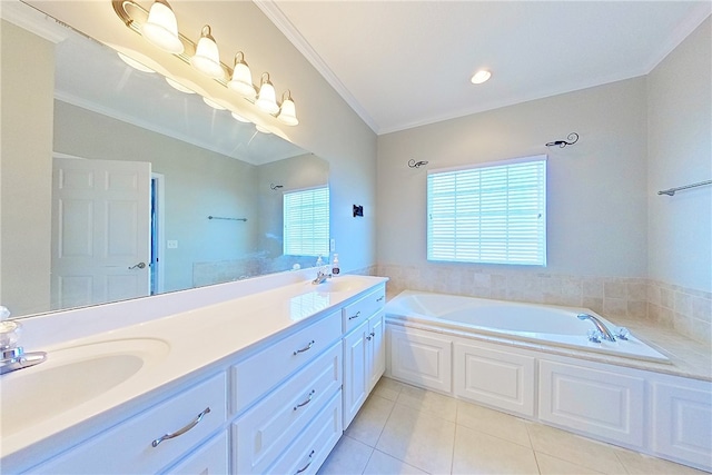 6121 Stoney Brook Dr, Blackshear, GA 31516 - bathroom with tile patterned flooring, crown molding, a garden tub, double vanity, and a sink