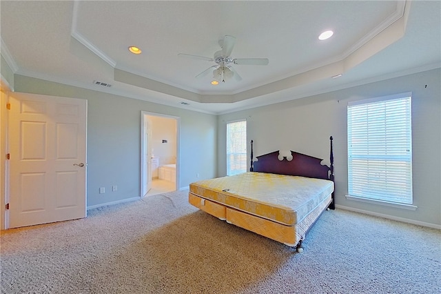 6121 Stoney Brook Dr, Blackshear, GA 31516 - carpeted bedroom with a tray ceiling, visible vents, and crown molding