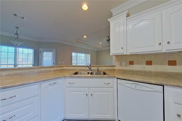 6121 Stoney Brook Dr, Blackshear, GA 31516 - kitchen with crown molding, white dishwasher, backsplash, and a sink