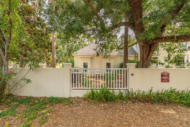 407 Butler Ave, Saint Simons Island, GA 31522 - rear view of property with a fenced front yard, stucco siding, a shingled roof, and a gate