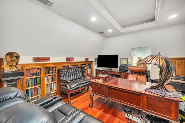 407 Butler Ave, Saint Simons Island, GA 31522 - office area with wood finished floors, lofted ceiling, and recessed lighting