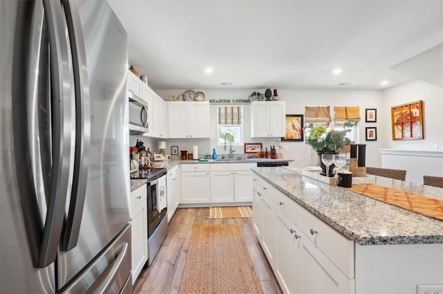 102 Cathead Ln, Darien, GA 31305 - kitchen with a sink, stainless steel appliances, white cabinetry, and a center island