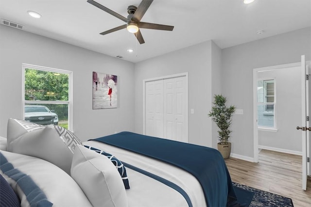 1329 New Castle St, Savannah, GA 31415 - bedroom featuring wood finished floors, recessed lighting, a closet, baseboards, and a ceiling fan