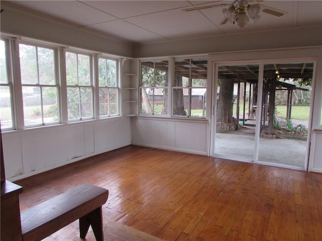 unfurnished sunroom featuring ceiling fan